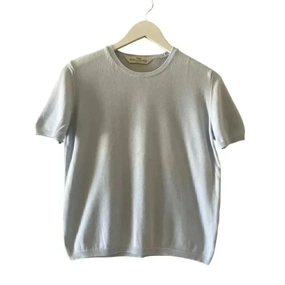 Marks & Spencer Cotton Crewneck Ribbed Knit Blue Soft Cozy SZ 42 # 1224